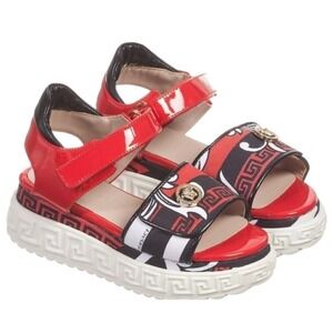 Versace Red Patent Leather Platform Toddler Sandals with Greek Key Design size 9